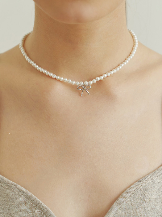 Romantic Ribbon Pearl Necklace (2color)