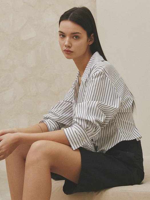 TUCK DETAIL WRAP SHIRT BLOUSE [WHITE][STRIPE]