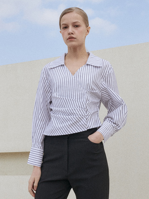 TUCK DETAIL WRAP SHIRT BLOUSE [WHITE][STRIPE]