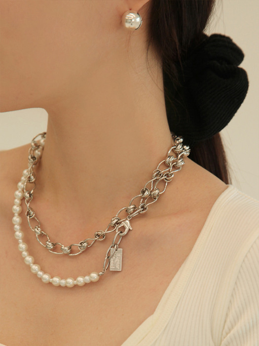 Tie ring chain long pearl N-silver
