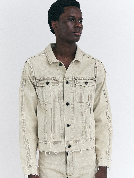 Beige Raw-Edge Denim Jacket