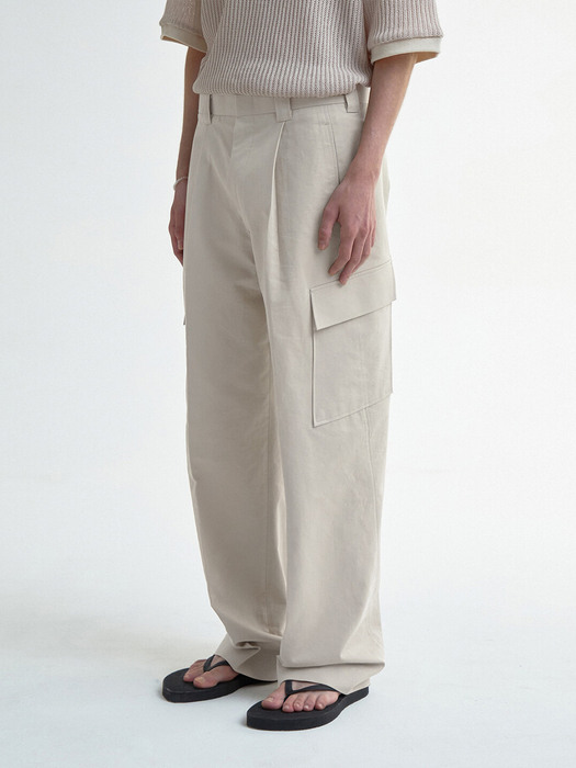 CARGO SLASHED WIDE PANTS - CREAM BEIGE