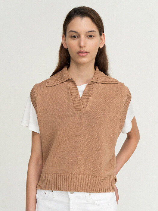 [리퍼브] linen collar knit vest (camel)