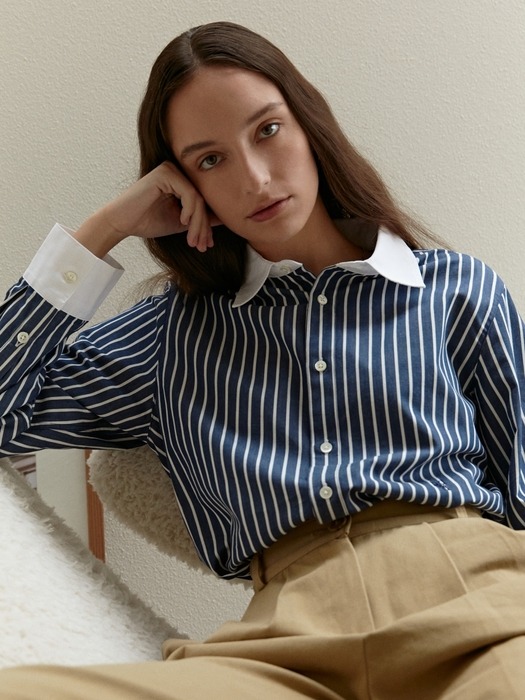 collar point standard shirt - navy stripe
