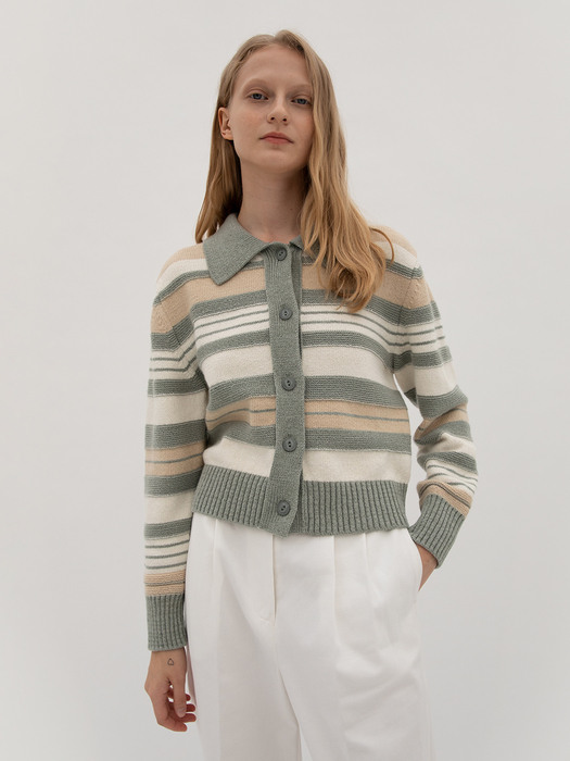 Multi Striped Knit Cardigan - Mint grey