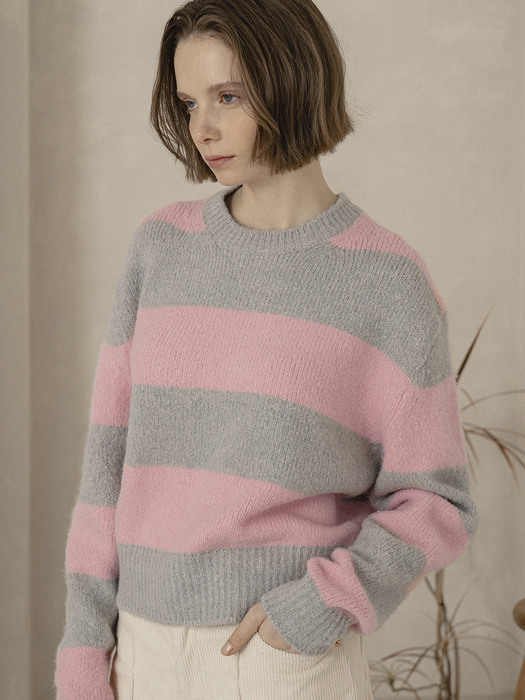KN4212 Stripe mohair knit_Gray/Pale pink