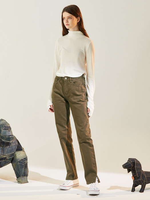 [리퍼브] SLIT STRAIGHT COLOR JEANS KHAKI BROWN