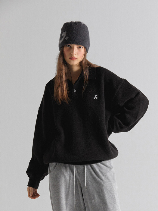 RR OVERSIZE POLO KNIT TOP - BLACK