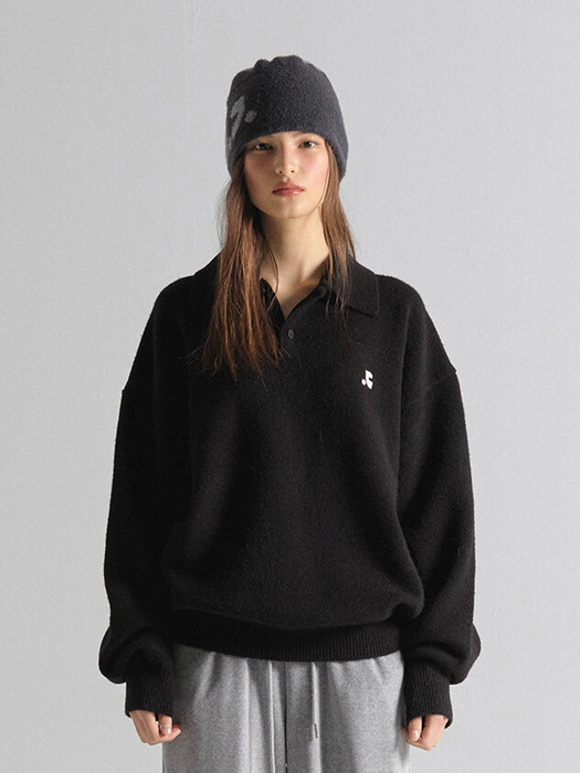 RR OVERSIZE POLO KNIT TOP - BLACK