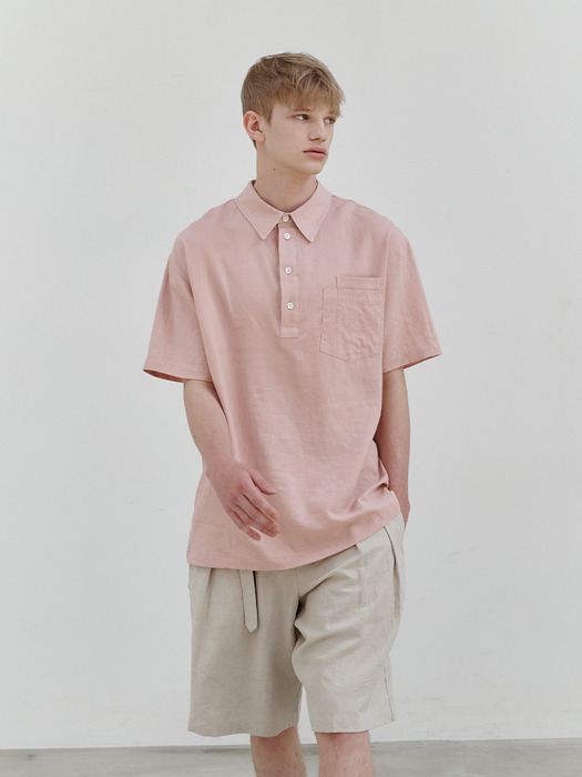 Linen pullover double pocket 1/2 shirt (smoke pink)