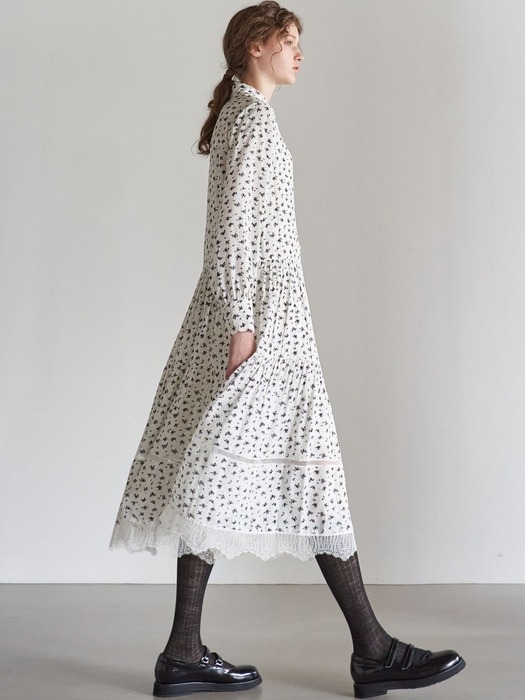 LACE TIERED PRINTING SHIRRING DRESS_WHITE