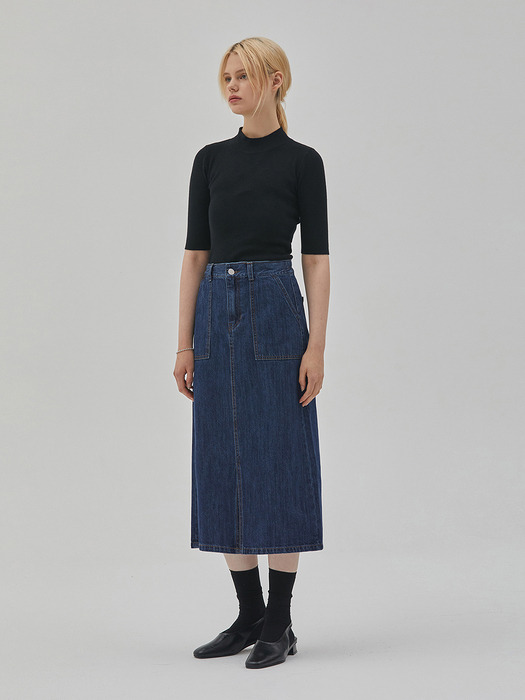 DENIM OUT POCKET BANDING SKIRT INDIGO