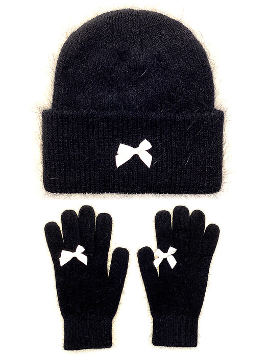 Ribbon Angora Beanie &Gloves [White Ribbon]