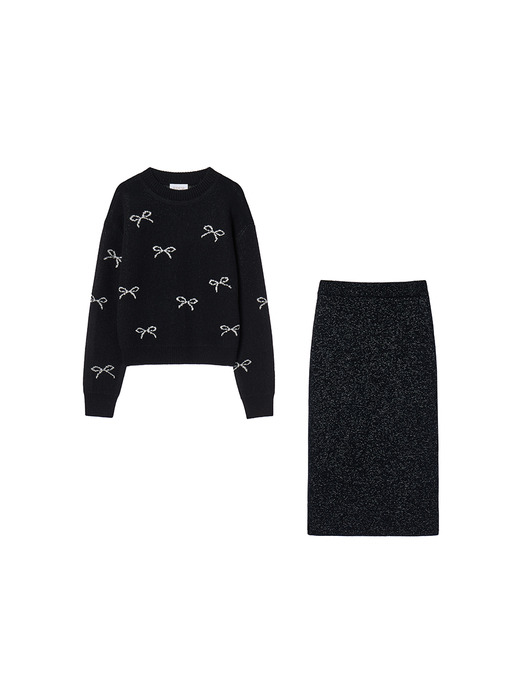 [SET] Glitter Alpaca Knit Pullover & Skirt