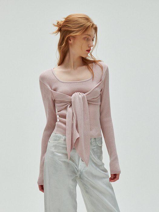 square wrap metal pullover-pink silver