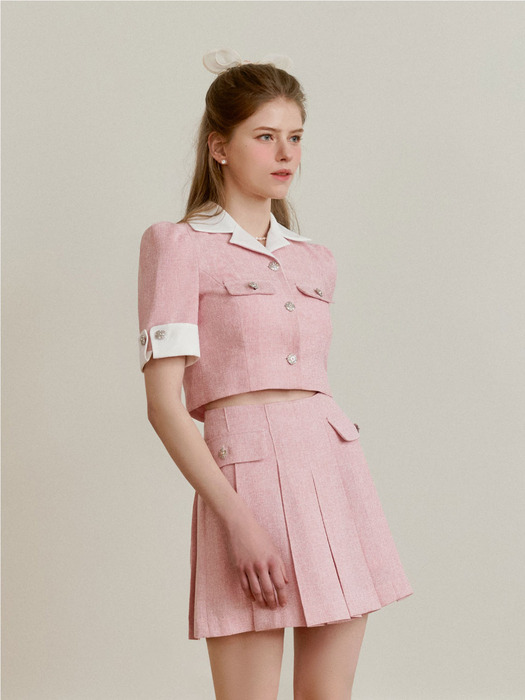 [SET] Cuffs Tweed Jacket & Tweed Pleats Skirt (Cotton Candy Pink)