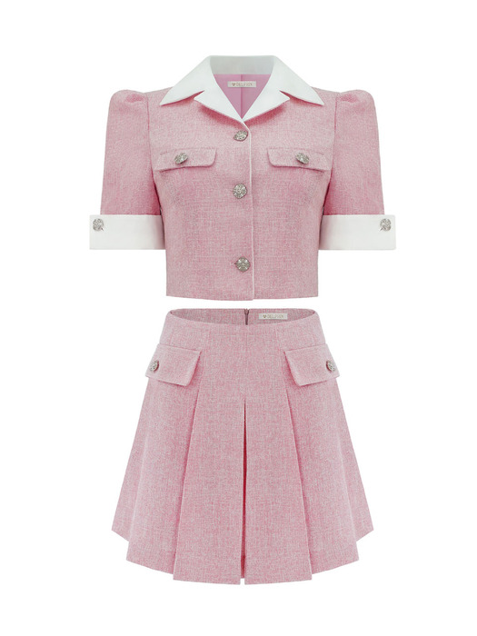 [SET] Cuffs Tweed Jacket & Tweed Pleats Skirt (Cotton Candy Pink)