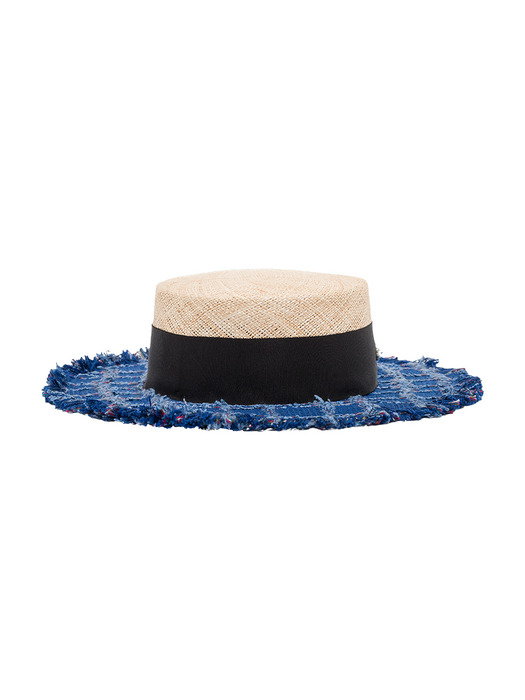 Wide Tweed Boater Hat - Royal Blue