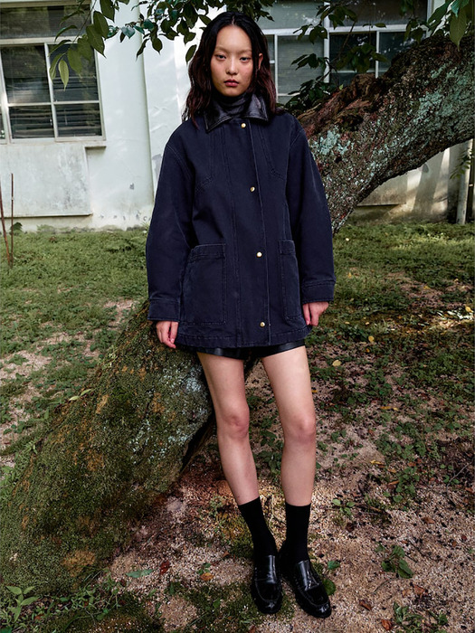 Leather Collar Midi Padding Jacket  Navy (KE4938M03R)