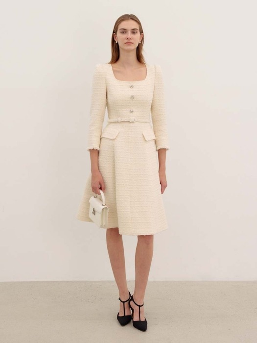 RAMI Square neck flared tweed midi dress (Cream ivory/Navy)