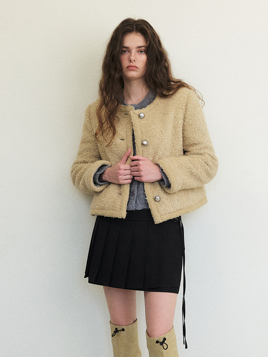 Trimmed Tweed Fur Jacket, Yellow Beige