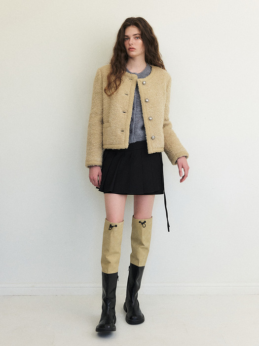 Trimmed Tweed Fur Jacket, Yellow Beige