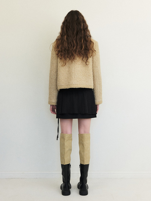 Trimmed Tweed Fur Jacket, Yellow Beige