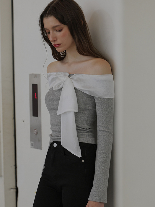 Chiffon Ribbon Off Shoulder Long Sleeve [Gray]