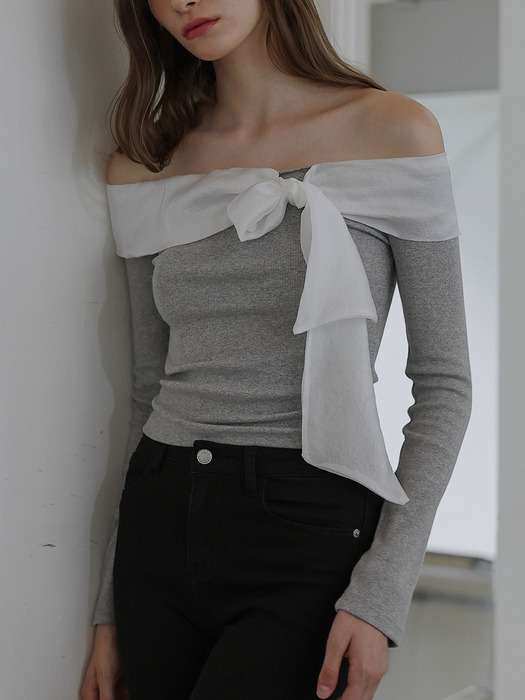 Chiffon Ribbon Off Shoulder Long Sleeve [Gray]