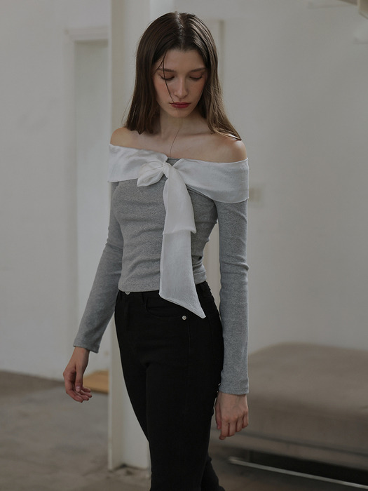 Chiffon Ribbon Off Shoulder Long Sleeve [Gray]