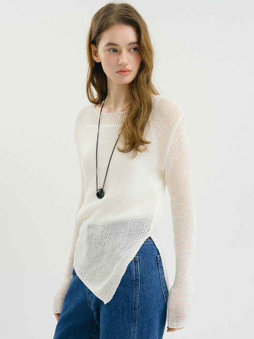 D Slit Linen Boat Neck Knit_White