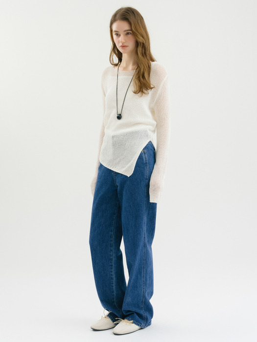 D Slit Linen Boat Neck Knit_White