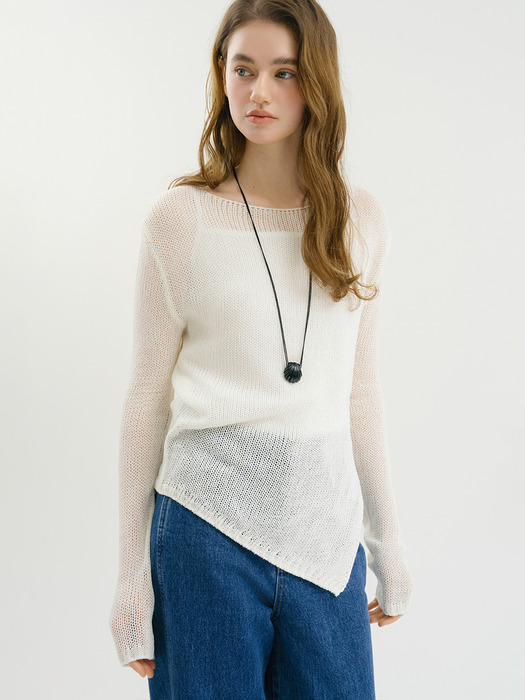 D Slit Linen Boat Neck Knit_White