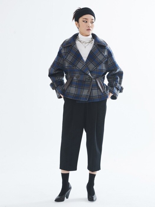 LEATHER TRIM HALF COAT_BLUE PLAID