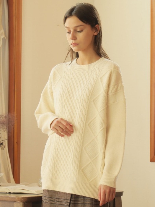 CABLE PULLOVER WOOL KNIT_IVORY