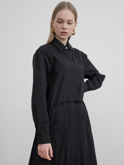 Pleated shirt long dress in black