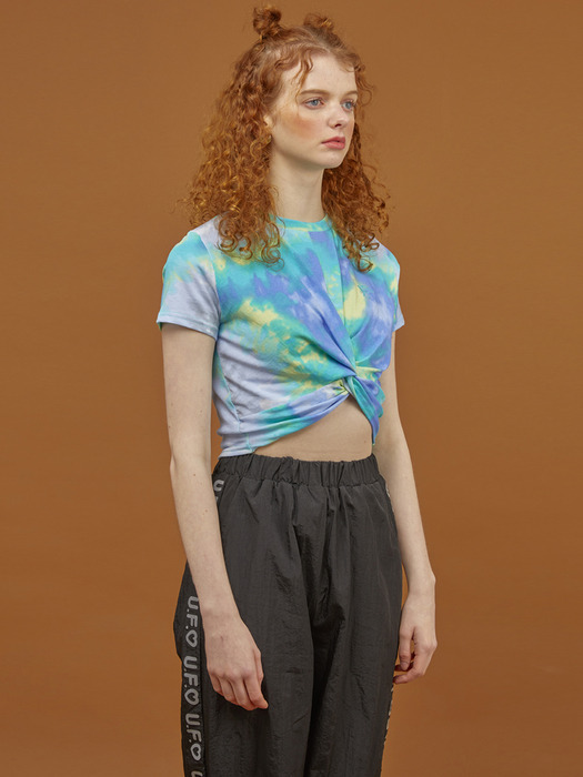 Green Tie-Dye Twisted Crop Short-sleeved T-shirt