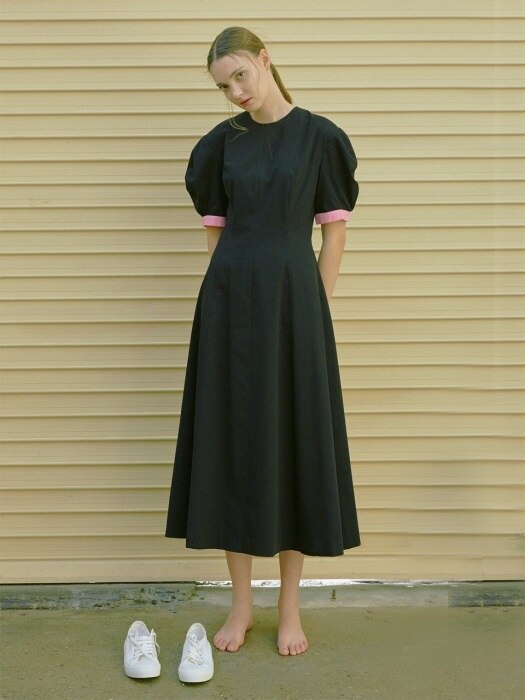 [N]POSITANO bishop short sleeve dress (Black & Pink)