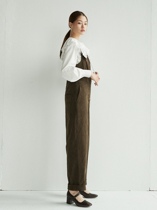 [N][SET]SINSA Wide eyelet collar blouse (Off white) & JAMSIL Overall jumpsuit (Khaki corduroy)