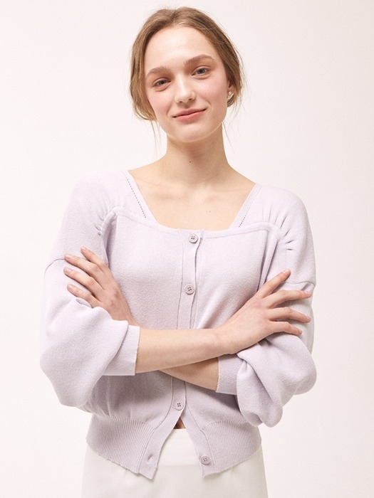 Shirring Square Neck Cardigan - Lavender