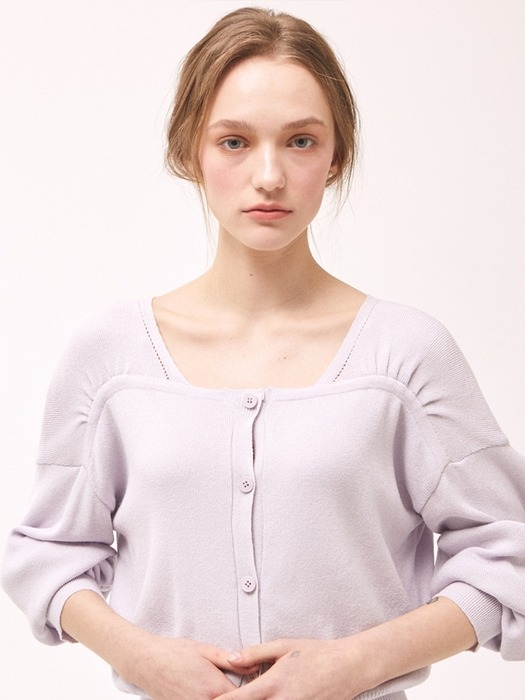 Shirring Square Neck Cardigan - Lavender