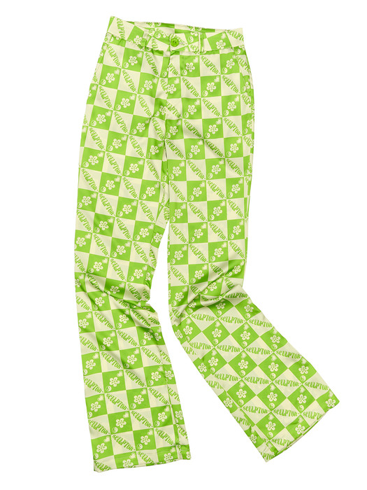 Satin Checkerboard Flare Pants Lime/Lemon