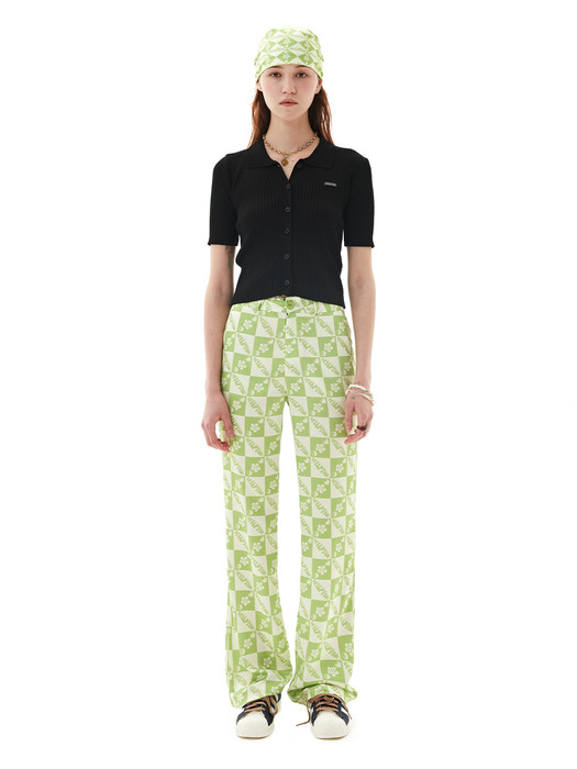 Satin Checkerboard Flare Pants Lime/Lemon