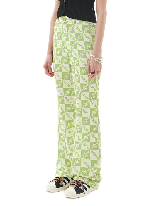 Satin Checkerboard Flare Pants Lime/Lemon