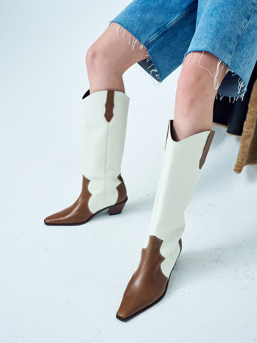 Enty western long boots(Brown&Ivory)