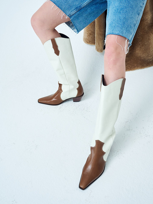 Enty western long boots(Brown&Ivory)