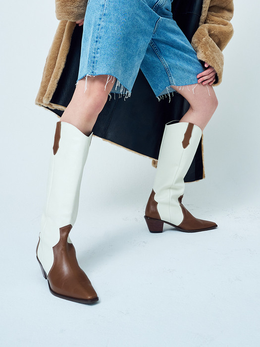 Enty western long boots(Brown&Ivory)