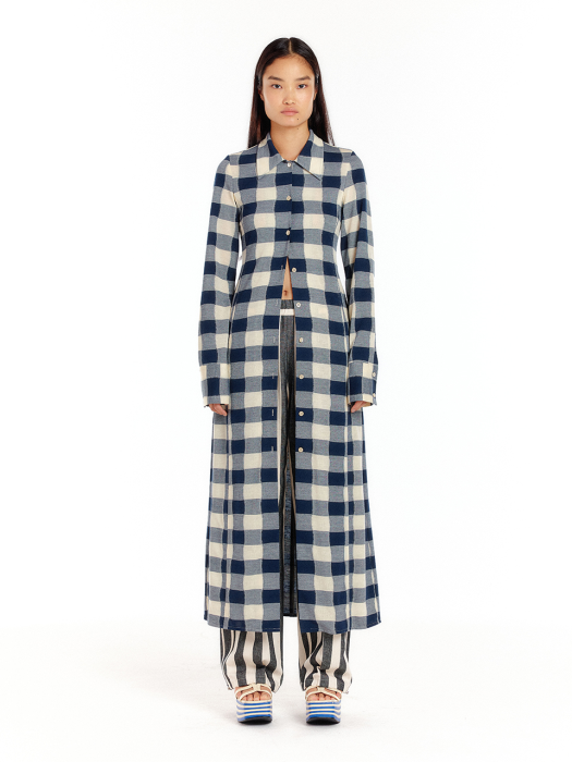 ULYSSA Jersey Shirt Dress - Ivory/Navy Check