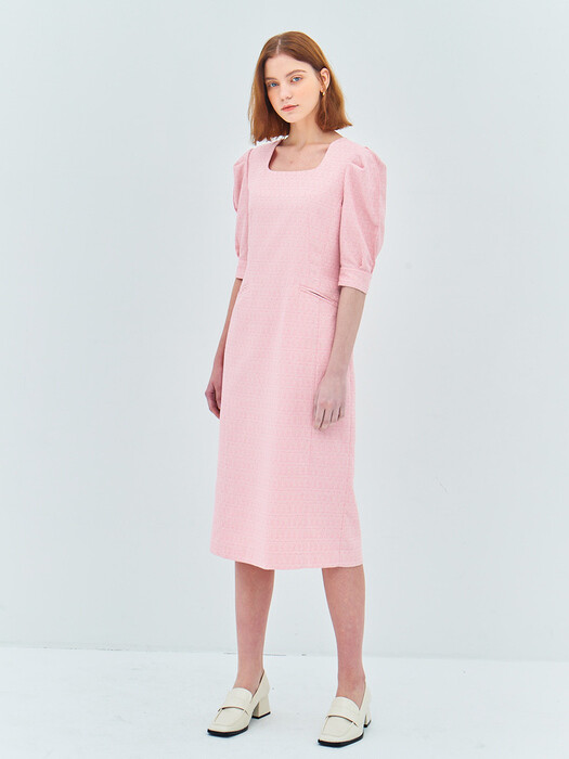 ROUND SQUARE LINE DRESS(tweed pink)