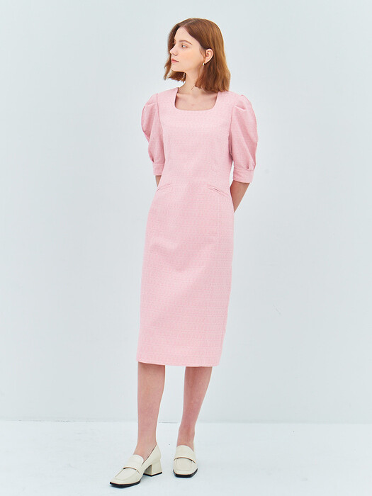 ROUND SQUARE LINE DRESS(tweed pink)